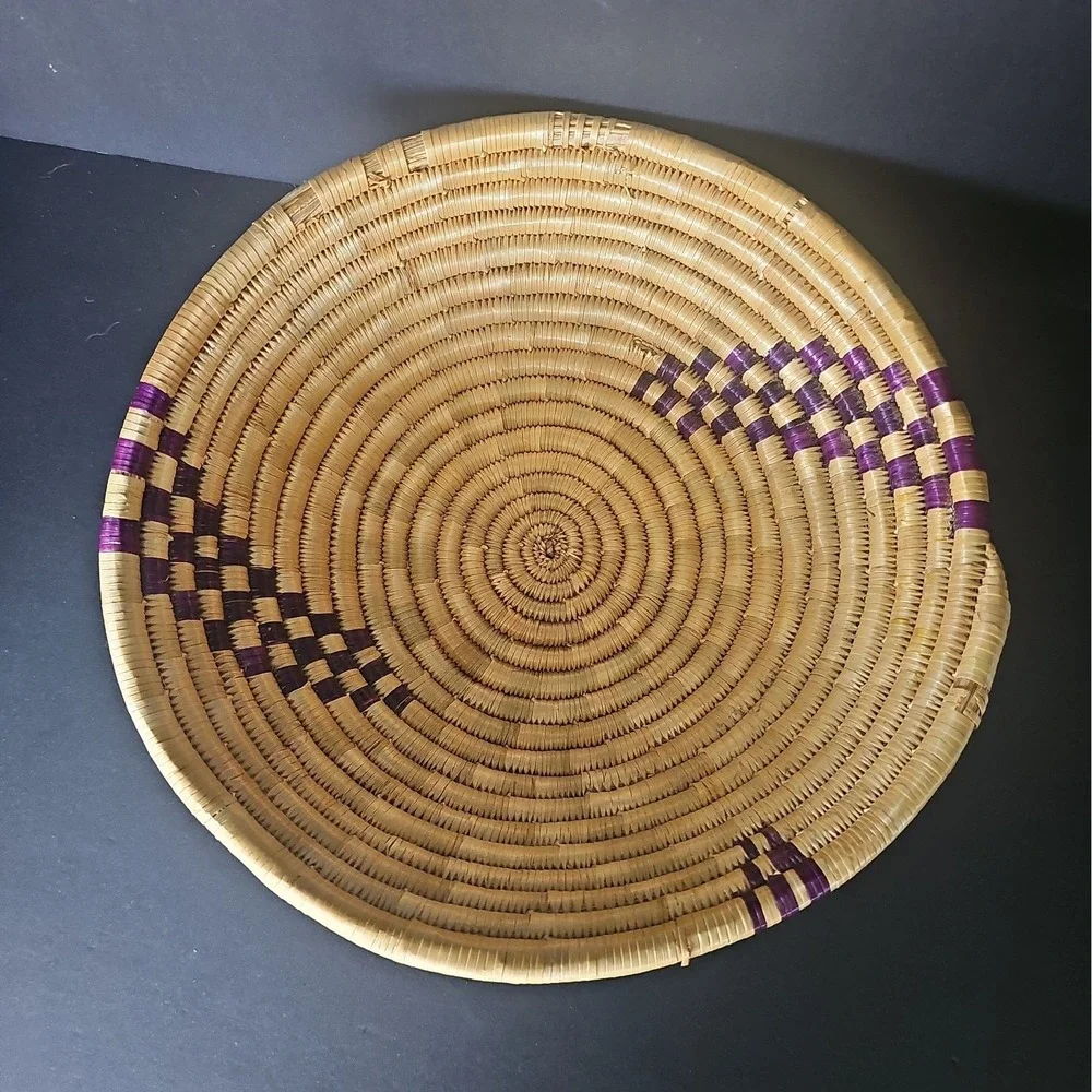 Hand Made Straw Coil Basket African or Native American- Purple Accent 9.5